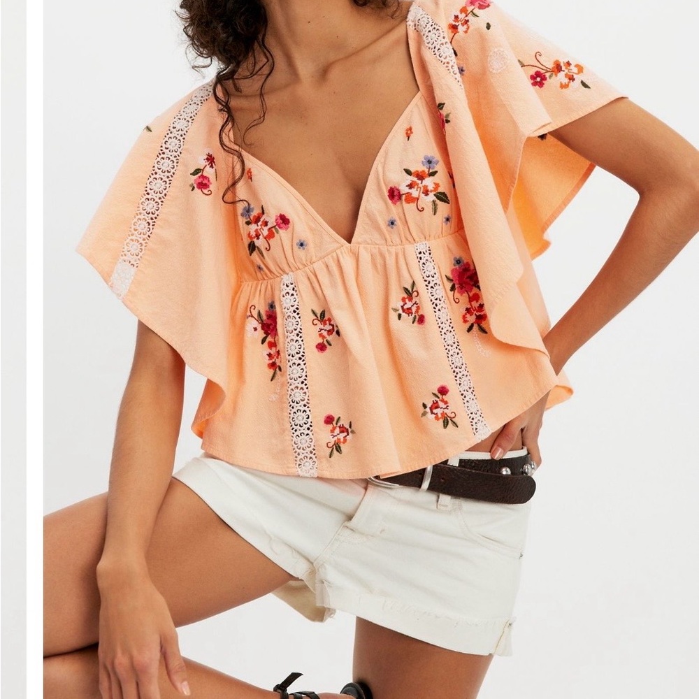 Free People Peach Floral Lace-Trim V-Neck Flutter Top